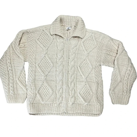 Vintage Ice Ame Full Zip Chunky Sweater Cardigan Ivory Hand Knit Size Large - Picture 4 of 11
